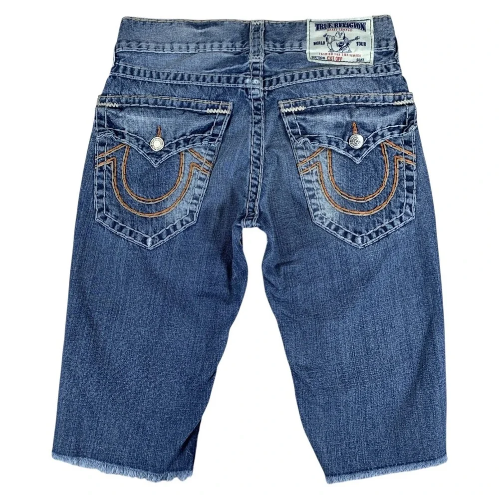 True Religion Cut Off Denim Shorts Mens 29 Blue Flap Pocket Straight Raw Hem